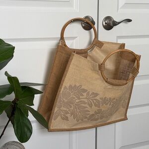 Beige Floral Tote-Style Beach Bag with Wooden Handles Made In India